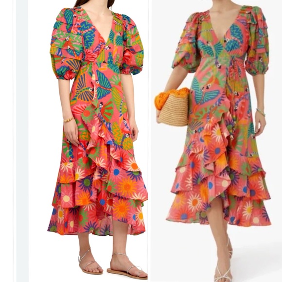 Farm Rio Macaw Ruffled Wrap Dress  100% Cotton In Coral Size XXS - Picture 2 of 16